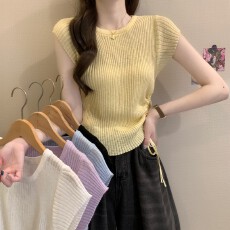 批发实拍实价 夏季<b class='q'>新款</b>设计感小众抽绳收腰显瘦气质正肩冰丝针织上衣