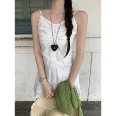 批发实拍实价夏季新款韩版白色百搭收腰吊带气质连衣裙＋绿色简约开衫