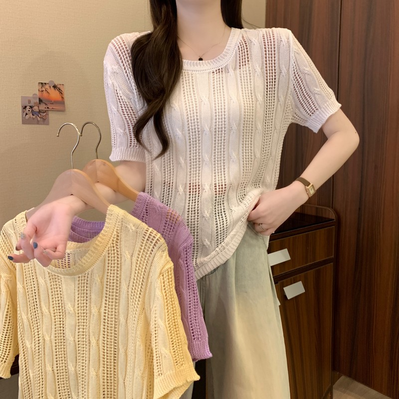 실사 정가 여름 새로운 한 번 작은 짭짤한 같은 단락 한 부서 홀로우 아웃 느긋한 루즈핏 슬림해 보이는 니트 반팔 맨위