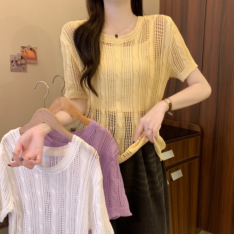 실사 정가 여름 새로운 한 번 작은 짭짤한 같은 단락 한 부서 홀로우 아웃 느긋한 루즈핏 슬림해 보이는 니트 반팔 맨위