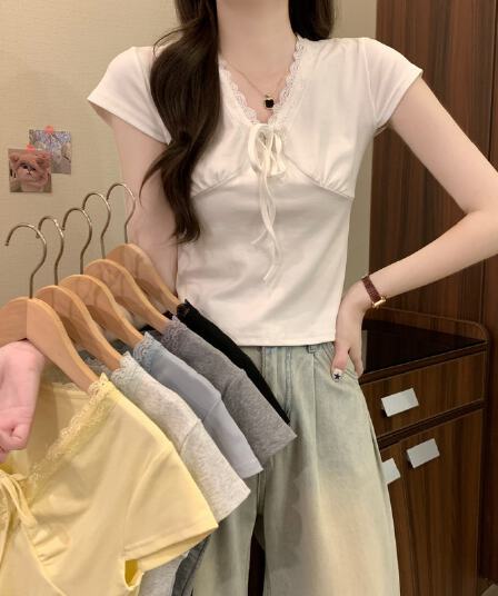 실사 정가 여름 새로운 한 부서 순수한 욕망 레이스 측면 V넥 나비 넥타이 몸매 가꾸기 슬림해 보이는 쇼트 스타일 반팔