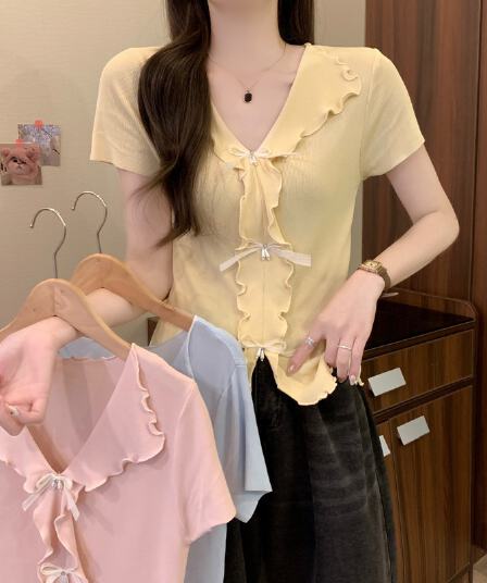 실사 정가 여름 새로운 프랑스식 나비 매듭 비즈 박기 V넥 프릴 몸매 가꾸기 슬림해 보이는 다용도 반팔 맨위