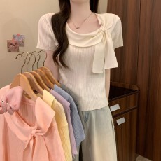 批发实拍实价 夏季新款韩系甜美气质显瘦纯欲露肩蝴蝶结针织短袖上衣