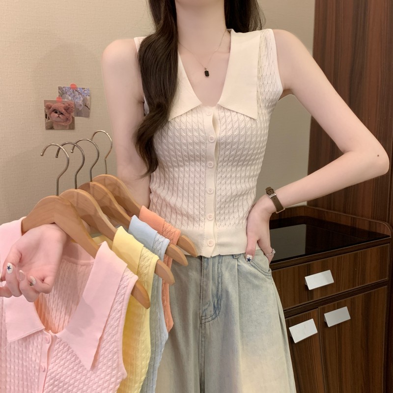 실사 정가 여름 새로운 한 부서 캐주얼 바람 폴로 칼라 꽈배기 민소매 조끼 몸매 가꾸기 다용도 니트 맨위