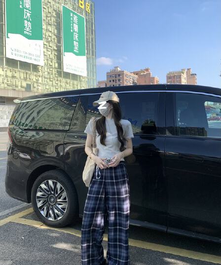 실사 정가 여름 새로운 한국 스타일 캐주얼 루즈핏 슬림해 보이는 스트레이트 와이드 레그 팬츠 다용도 레트로 블루 그리드 바지