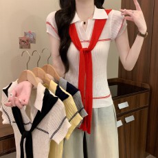 批发实拍实价韩系<b class='q'>学院风</b>撞色披肩polo领修身甜美气质时尚百搭针织上衣