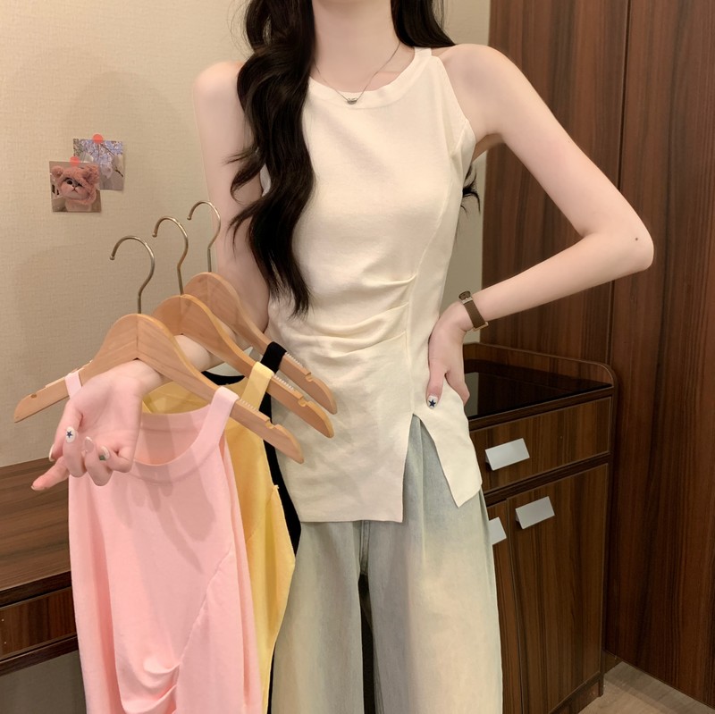 실사 정가 여름 새로운 한국 스타일 미니멀리즘 몸매 가꾸기 슬림해 보이는 디자인 센스 핀치 Pleat 트임 순수한 욕망 니트 맨위