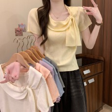 批发实拍实价 夏季新款韩系甜美气质显瘦纯欲露肩蝴蝶结针织短袖上衣