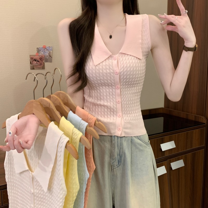 실사 정가 여름 새로운 한 부서 캐주얼 바람 폴로 칼라 꽈배기 민소매 조끼 몸매 가꾸기 다용도 니트 맨위
