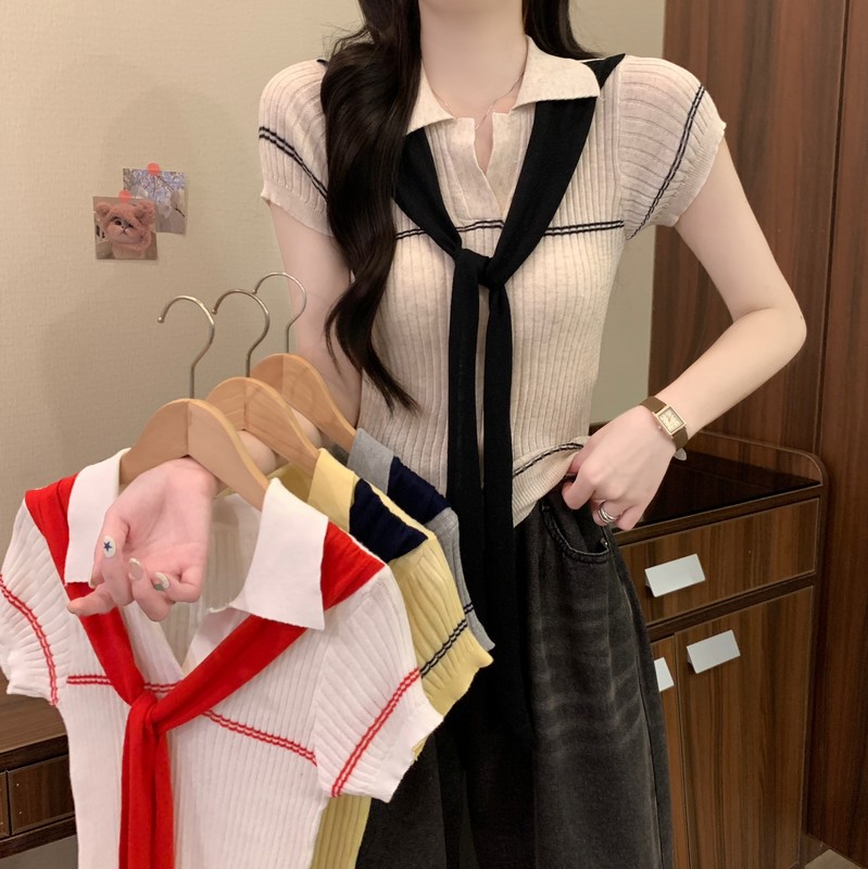 실사 정가 한 부서 학원 스타일 배색 숄 POLO 칼라 몸매 가꾸기 달콤함 품격 패션 다용도 니트 맨위