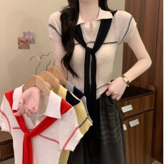 批发实拍实价韩系<b class='q'>学院风</b>撞色披肩polo领修身甜美气质时尚百搭针织上衣