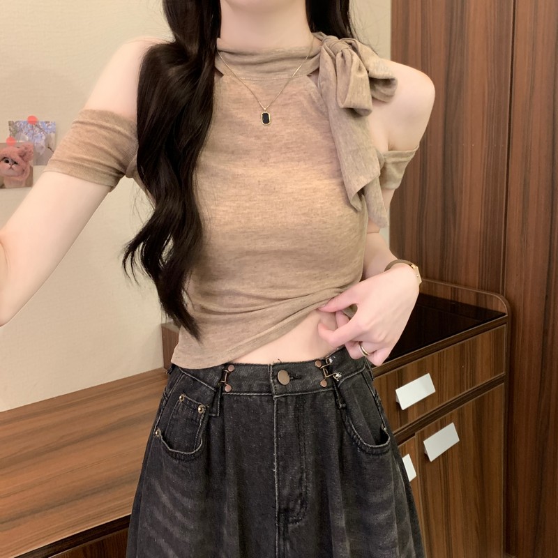 실사 정가 여름 새로운 한 부서 디자인 센스 행침 목 리본 반하이넥 조끼 몸매 가꾸기 통기성 쇼트 스타일 맨위