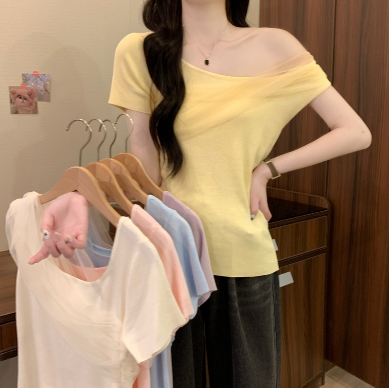 실사 정가 여름 새로운 한국 스타일 망사 패치워크 비스듬한 칼라 오프숄더 달콤한 매운맛 오프숄더 허리 수축 아름다운 니트 스웨터