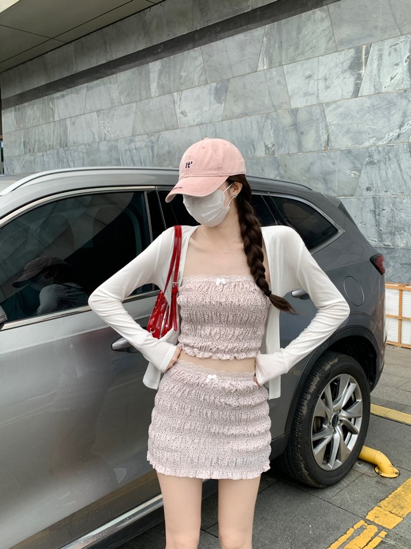 실사 정가 여름 새로운 주름 순수한 욕망 바람 튜브탑 패션 도트 무늬 품격 달콤함 미니 스커트 투피스 세트 세트
