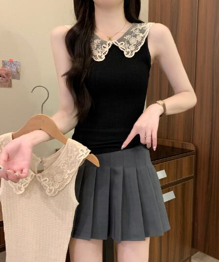 실사 정가 여름 새로운 한국 스타일 디자인 센스 레이스 베이비 칼라 달콤함 몸매 가꾸기 품격 얇은 스타일 니트 조끼