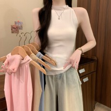 批发实拍实价夏季新款韩系甜美时尚飘带立领拼接<b class='q'>真丝</b>挂脖收腰毛织<b class='q'>背心</b>