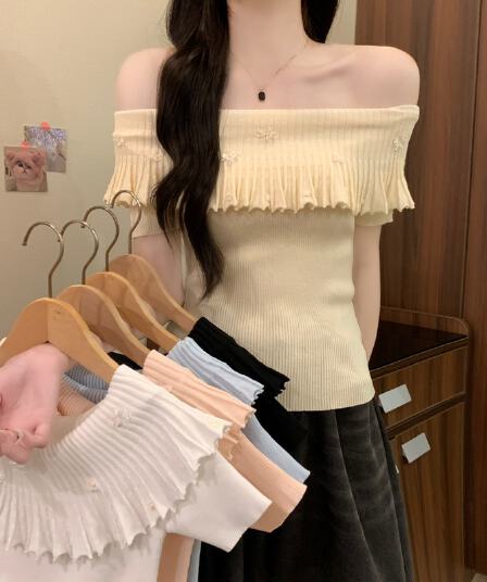 실사 정가 여름 새로운 디자인 센스 프릴 오프숄더 무거운 공예 몸매 가꾸기 슬림해 보이는 고급 센스 니트 스웨터