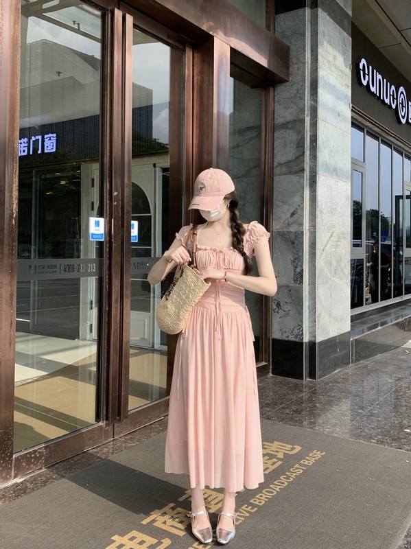 실사 정가 계단식 낭만주의 망사 해변가 휴가 여성 드레스 여름 섬 광장 칼라 품격 치마
