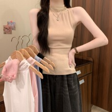 批发实拍实价夏季新款韩系甜美时尚飘带立领拼接<b class='q'>真丝</b>挂脖收腰毛织<b class='q'>背心</b>