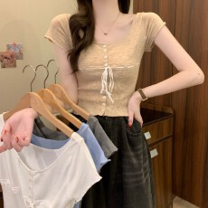 批发实拍实价夏季新款韩版设计感系带低圆领软糯<b class='q'>短款</b>针织短袖开衫上衣