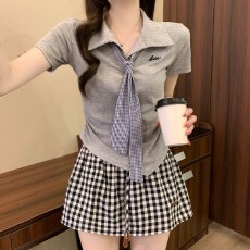 批发实拍实价 夏季新款<b class='q'>学院风</b>减龄polo领带领带短袖收腰百搭T恤上衣