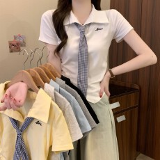 批发实拍实价 夏季新款<b class='q'>学院风</b>减龄polo领带领带短袖收腰百搭T恤上衣