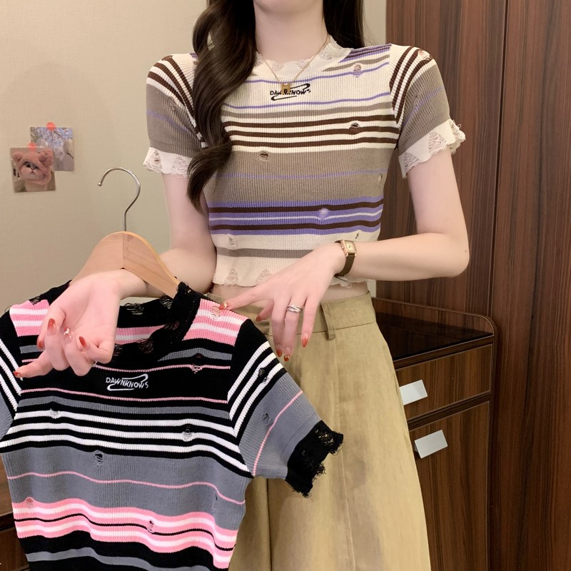 실사 정가 여름 새로운 디자인 센스 홀로우 아웃 레트로 스트라이프 핫걸 슬림해 보이는 하이웨이스트 쇼트 스타일 니트 맨위