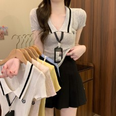 批发实拍实价夏季新款韩版<b class='q'>学院风</b>翻领小个子修身显瘦设计感短袖针织衫