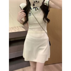 批发实拍实价 赵露思同款撞色蝴蝶结POLO领<b class='q'>学院风</b>减龄短袖针织连衣裙