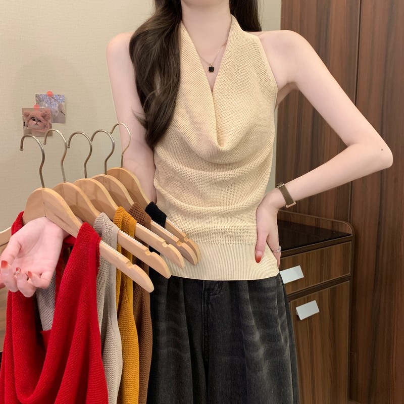 실사 정가 여름 새로운 한 부서 순수한 욕망 미니멀리즘 캐주얼 행침 목 오프숄더 품격 달콤한 매운맛 니트 조끼 맨위