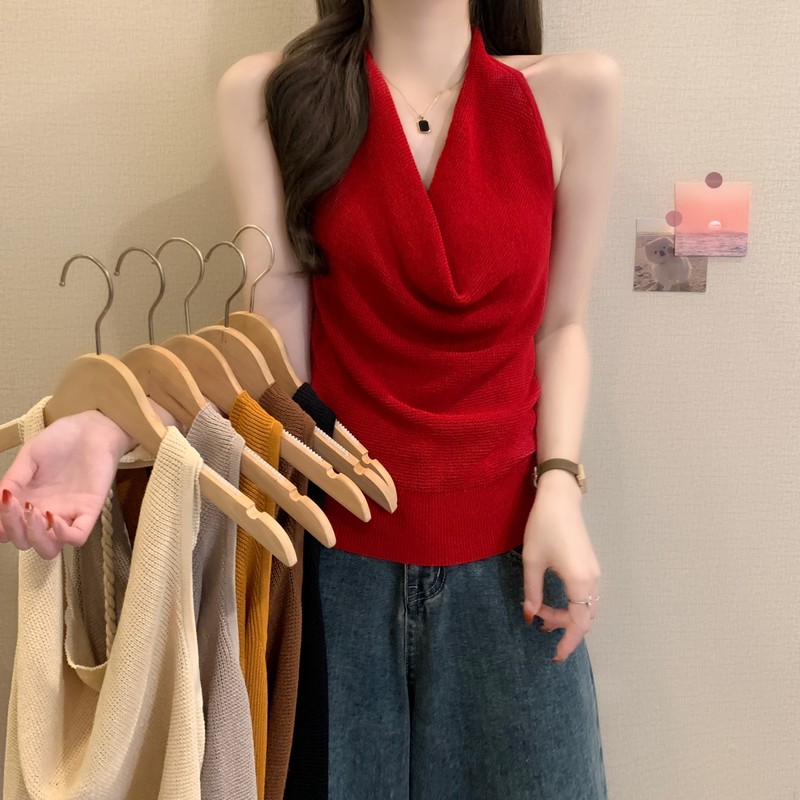 실사 정가 여름 새로운 한 부서 순수한 욕망 미니멀리즘 캐주얼 행침 목 오프숄더 품격 달콤한 매운맛 니트 조끼 맨위