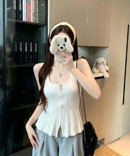 실사 정가 여름 새로운 한국 스타일 순수한 욕망 더블 지퍼 광장 칼라 몸매 가꾸기 허리 수축 민소매 달콤한 매운맛 니트 맨위
