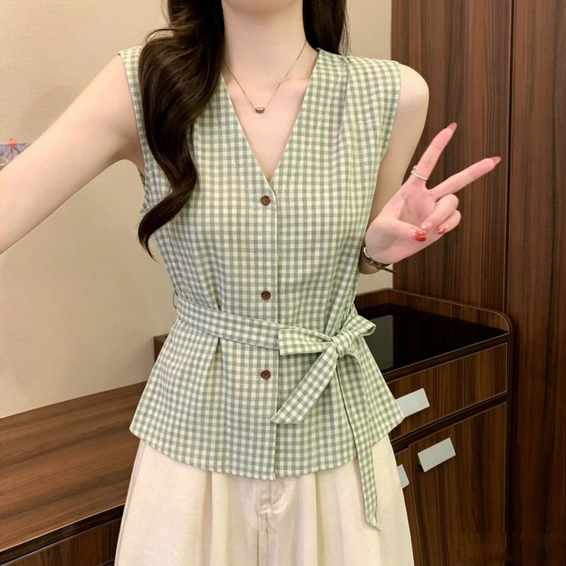 실사 정가 여름 새로운 한국 스타일 미니멀리즘 스트랩 허리 수축 레트로 품격 체크무늬 V넥 민소매 셔츠 맨위