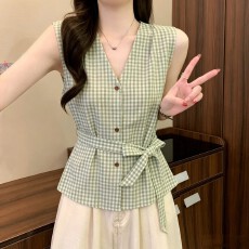 批发实拍实价 夏季新款韩版简约绑带收腰复古气质格纹V领无袖衬衫上衣