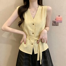 批发实拍实价 夏季新款韩版简约绑带收腰复古气质格纹V领无袖衬衫上衣