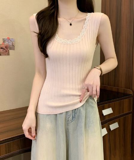 실사 정가 여름 새로운 한국 스타일 라이 경기 서울 면 u 칼라 레이스 조각 구덩이 기사 단색 미니멀리즘 몸매 가꾸기 맨위