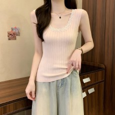 批发实拍实价 夏季新款韩版莱赛尔棉U领<b class='q'>蕾丝</b>拼接坑条纯色简约修身上衣