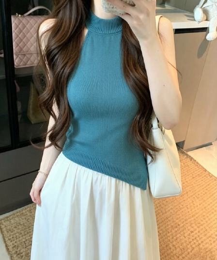 실사 정가 여름 새로운 순수한 욕망 섹시함 디자인 센스 뒤로 더블 레이스업 불규칙 반하이넥 니트 조끼