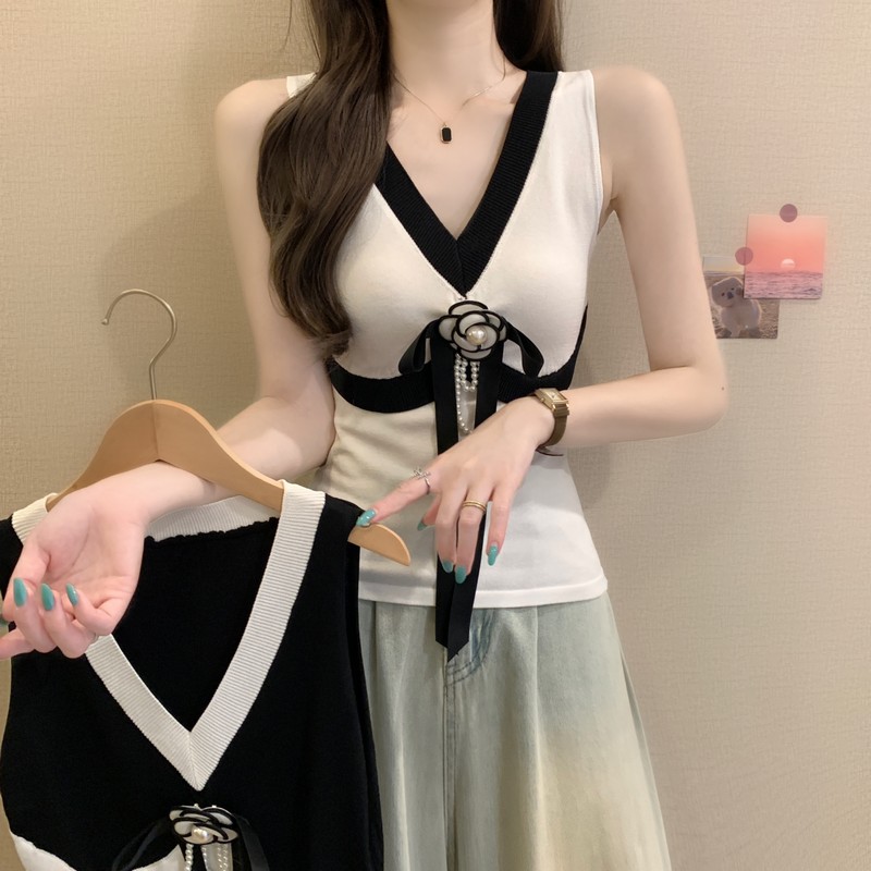 BY27184# 夏季新款法式轻熟小香风V领减龄无袖百搭御姐范气质上衣 服裝批發女裝批發服飾貨源