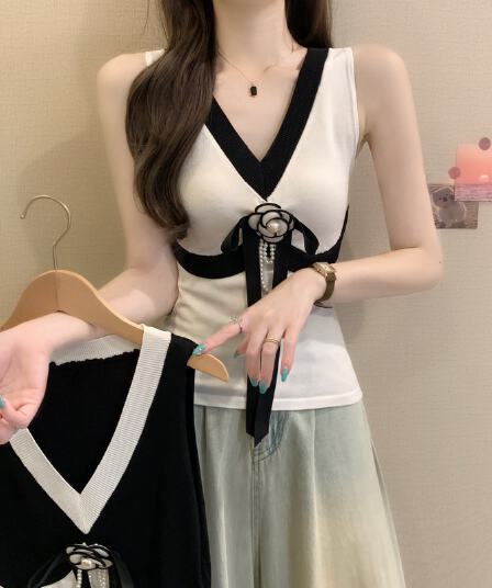실사 정가 여름 새로운 프랑스식 빛 요리 한 작은 샤넬 스타일 V넥 연령 감소 민소매 다용도 로얄 자매 팬 품격 맨위
