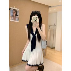 批发实拍实价夏季新款韩版气质透气松弛感撞色披肩高弹力<b class='q'>学院风</b>百褶裙