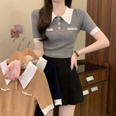 批发实拍实价夏季新款韩版拼色翻领简约百搭小个子短款修身显瘦针织衫