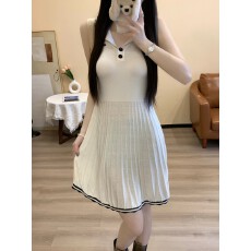 批发实拍实价夏季新款<b class='q'>学院风</b>翻领无袖收腰显瘦百搭气质针织短款连衣裙