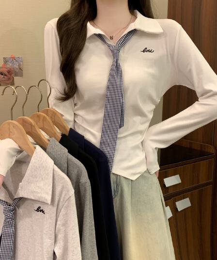 실사 정가 이른 가을 새로운 학원 스타일 연령 감소 POLO 칼라 디자인 센스 체크무늬 넥타이 꼬집기 허리 긴팔 맨위