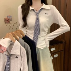 批发实拍实价 早秋新款<b class='q'>学院风</b>减龄polo领设计感格子领带掐腰长袖上衣