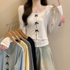 批发实拍实价 早秋新款韩版纯欲<b class='q'>甜美</b>波点蝴蝶结U领长袖短款假两件上衣
