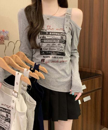 실사 정가 이른 가을 새로운 디자인 센스 불규칙 밑단 달콤한 매운맛 오프숄더 비스듬한 칼라 프린트 긴팔 기본 셔츠