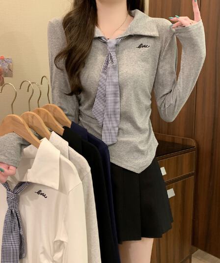 실사 정가 이른 가을 새로운 학원 스타일 연령 감소 POLO 칼라 디자인 센스 체크무늬 넥타이 꼬집기 허리 긴팔 맨위