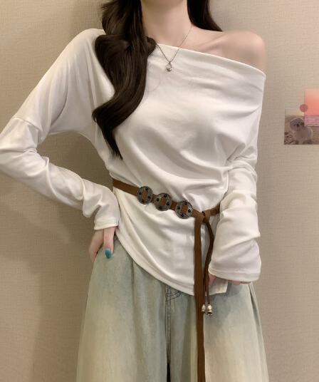 실사 정가 이른 가을 새로운 한 부서 불규칙 순수한 욕망 오프숄더 디자인 센스 몸매 가꾸기 오프숄더 맨위 벨트 포함