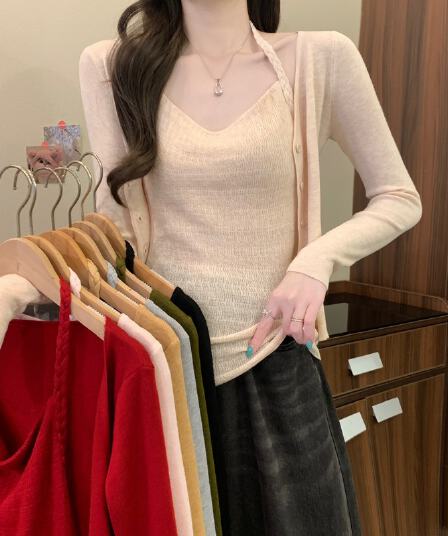 실사 정가 이른 가을 새로운 한 부서 부드러운 슬림해 보이는 꽈배기 행침 목 조끼 단색 오픈 가디건 투피스 세트 세트